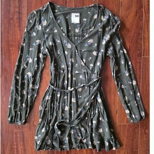 SO Goods For Life Womens Olive Green Floral Long Sleeve Wrap Mini Romper Size S